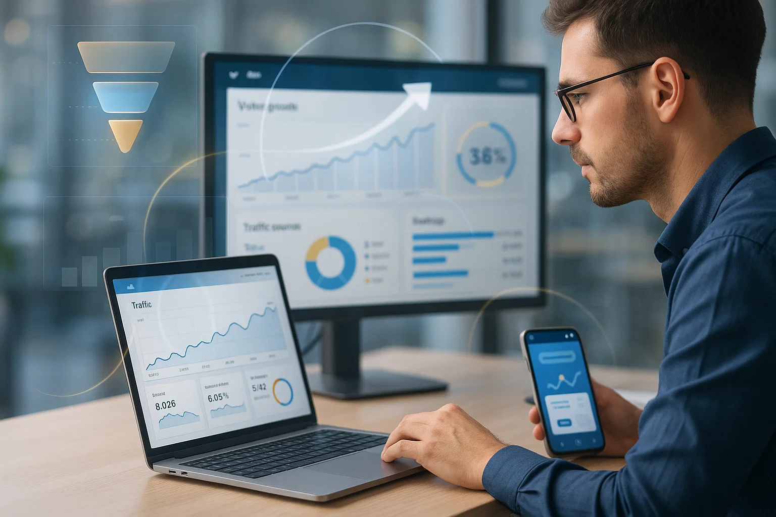 B2B SaaS analytics traffic growth dashboard with user metrics on laptop and mobile devices.
