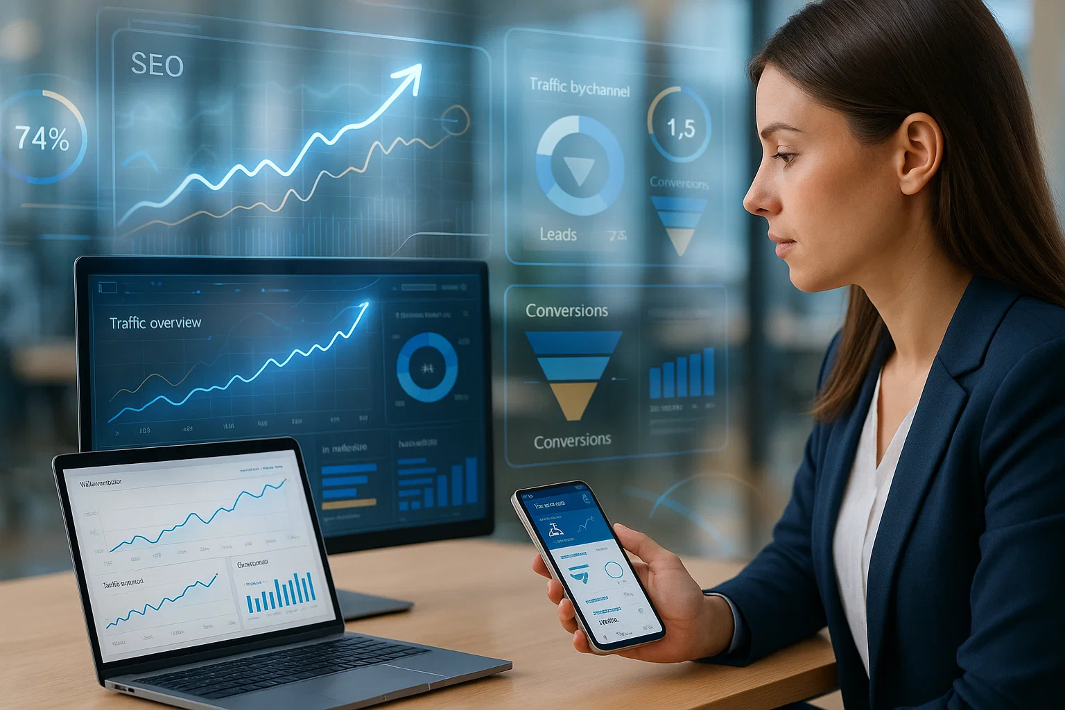 SEO analytics dashboard professional reviewing traffic and conversion metrics.