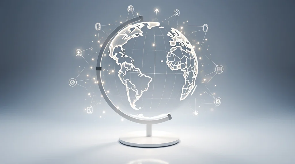 A digital globe with a network of icons representing online infrastructure and international marketing.